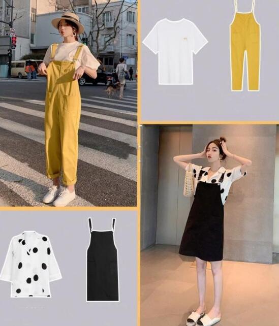 白色短袖t 黄色背带裤