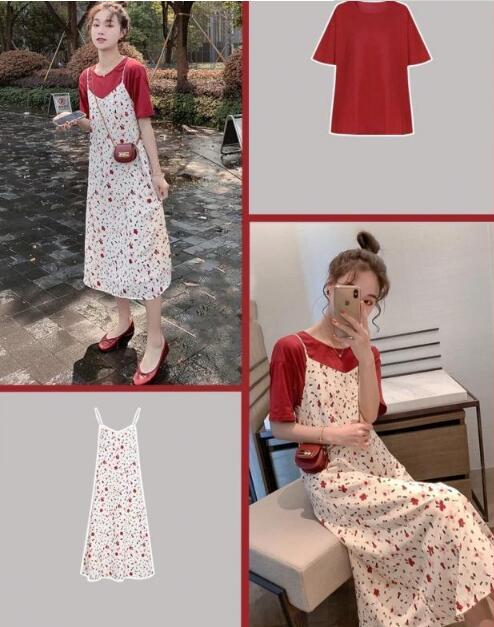红色短袖t 碎花吊带裙