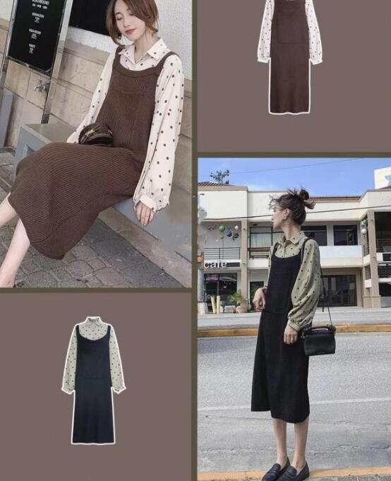 波点衬衫 针织背带裙