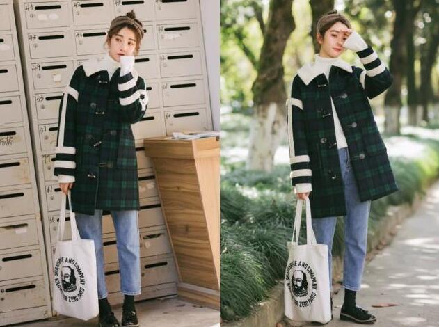 墨绿色格子羊羔毛外套