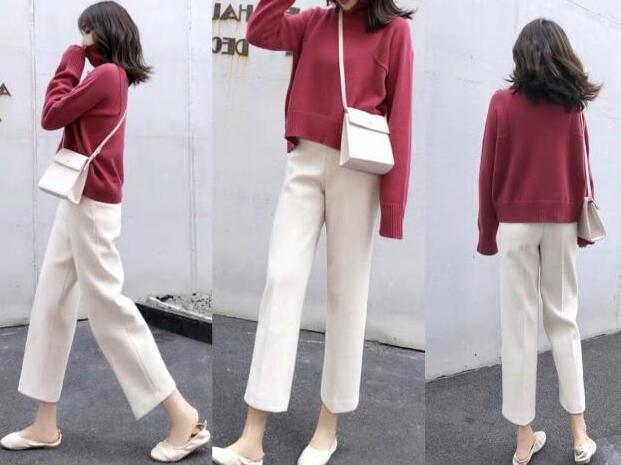 高领毛衣 白色休闲裤