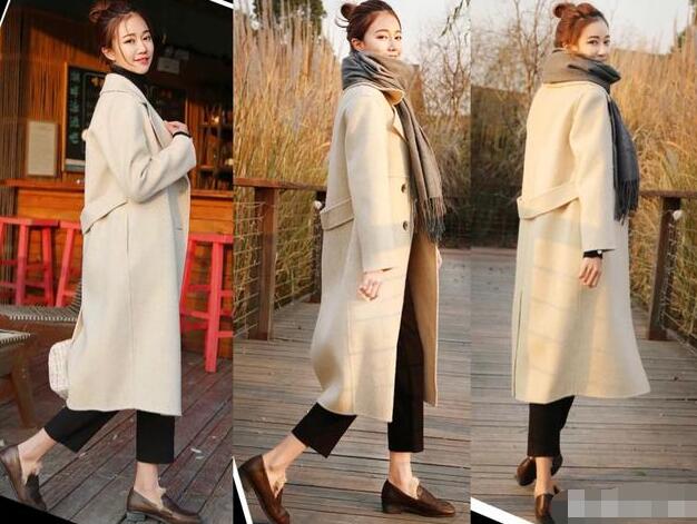 灰白色长款大衣 高领毛衣 烟管裤