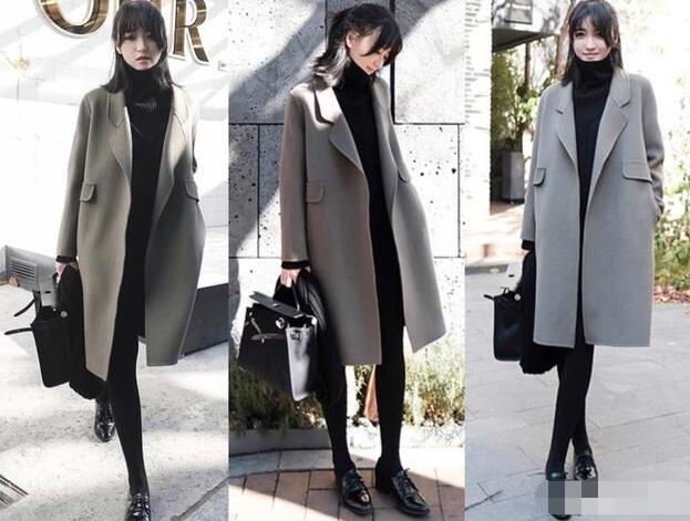 灰色大衣 黑色针织裙 打底裤