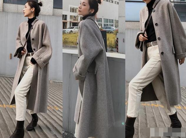 灰色长款羊毛大衣