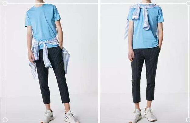 黑色小脚裤 淡蓝T恤