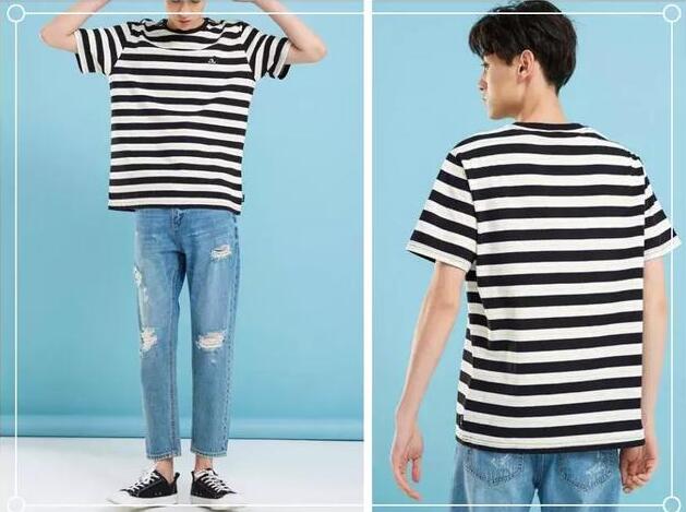 条纹T恤 破洞牛仔裤