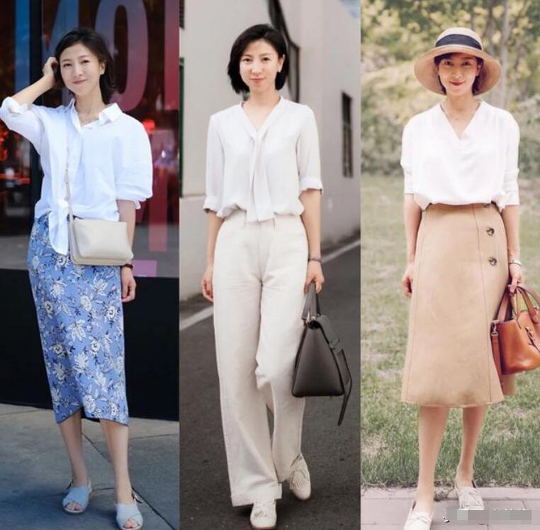 白色V领衬衫 卡其色半身裙