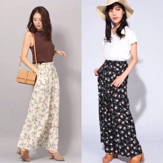 褐色修身背心 小碎花阔腿裤