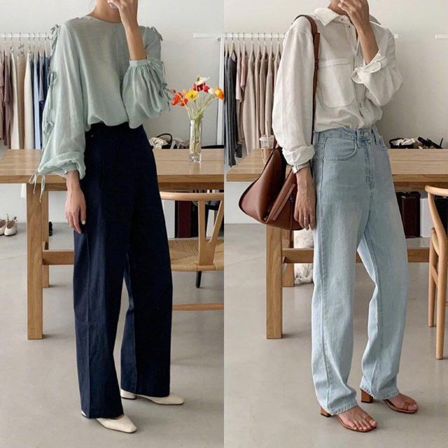 浅绿色衬衫 蓝色直筒西裤