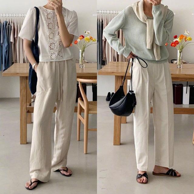 白色镂空T恤 米色直筒裤