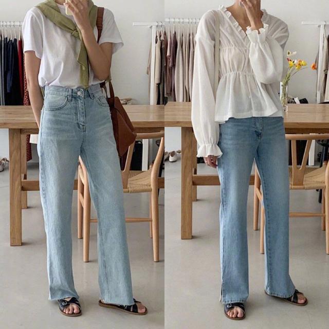 深V雪纺衫 蓝色直筒牛仔裤