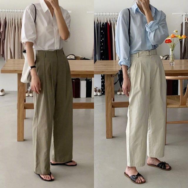 蓝色雪纺衬衣 米白色直筒裤