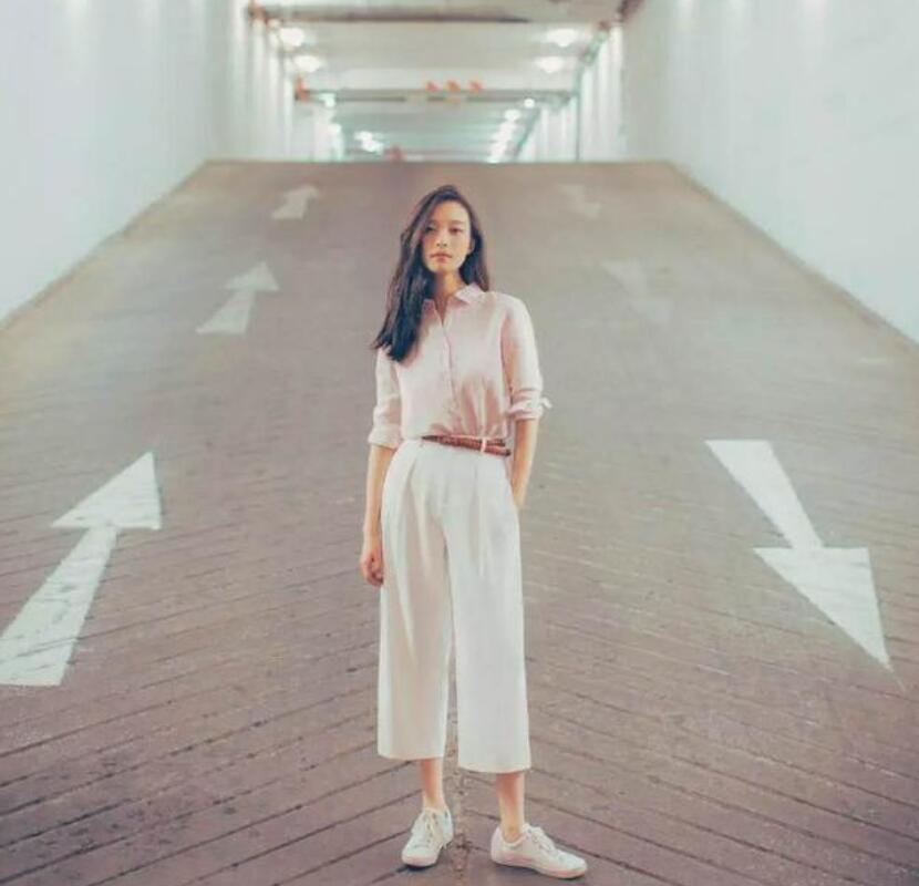 衬衫 白色九分阔腿裤