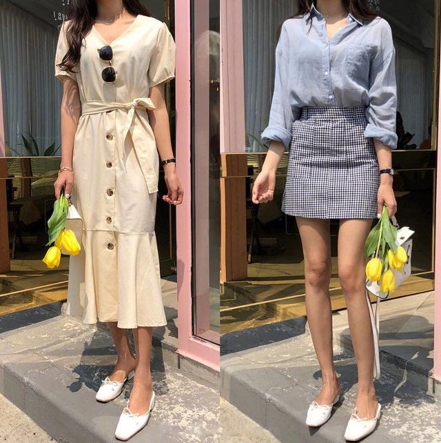 米色连衣裙 白色方头奶奶鞋