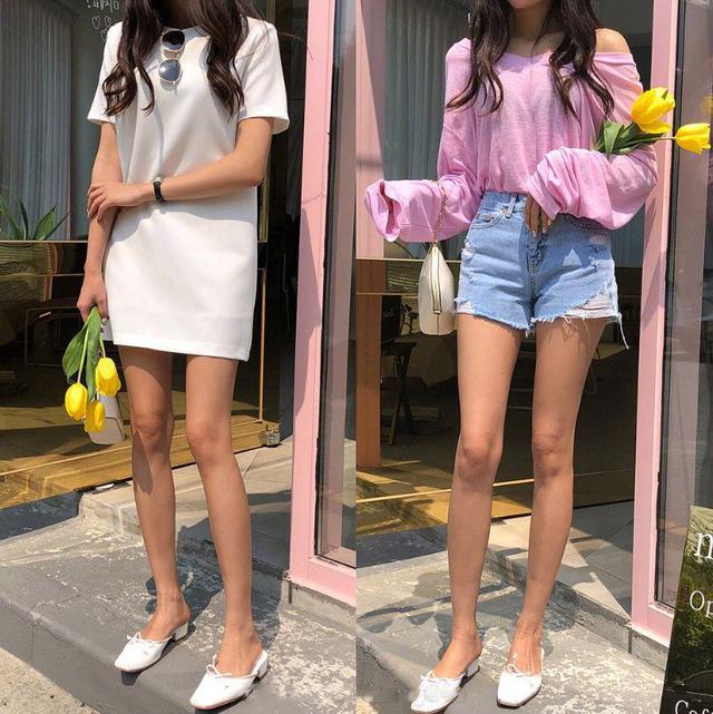 粉色一字肩衬衫 破洞牛仔短裤