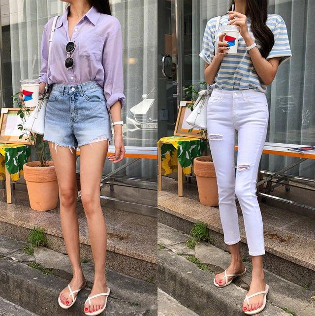 横条纹绿色T恤 白色破洞牛仔裤