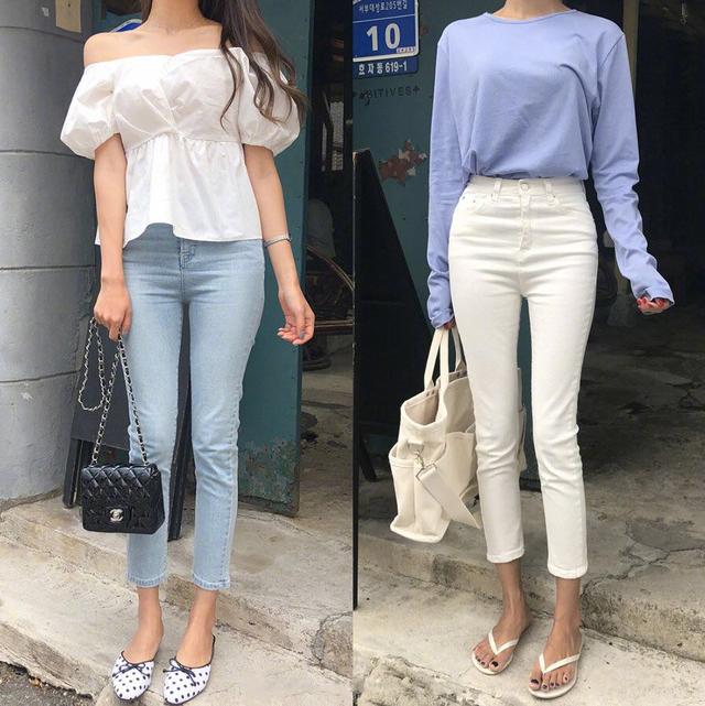 一字肩白色衬衫 九分修身牛仔裤