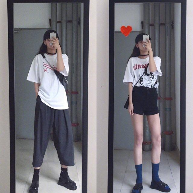 白色的T恤 深色七分裤