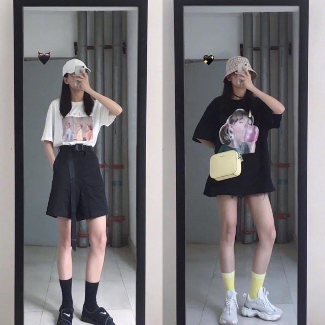 黑白色的宽松T恤 五分阔腿裤