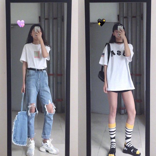 白色的T恤搭配破洞牛仔裤