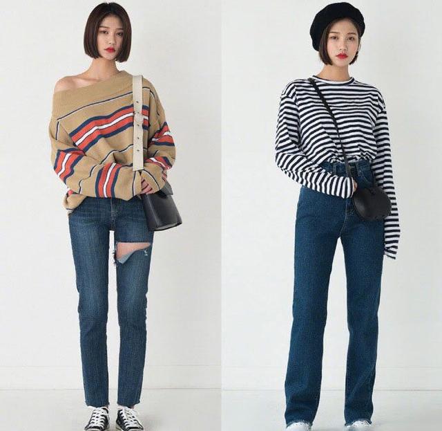露肩横条纹毛衣 破洞牛仔裤