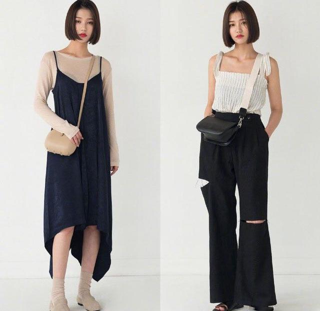 白色宽吊带上衣 黑色破洞牛仔裤