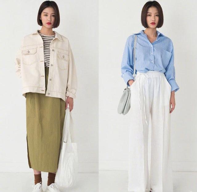 白色牛仔裤外套 横条纹衬衫 绿色直筒半身裙