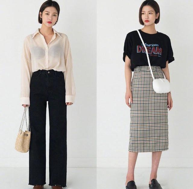 黑色字母T恤 灰色格纹半身裙