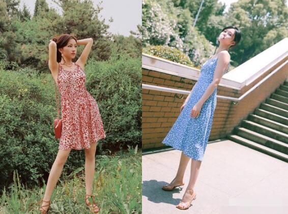 碎花吊带裙 复古凉鞋