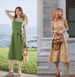 纯色吊带裙 清新小包包