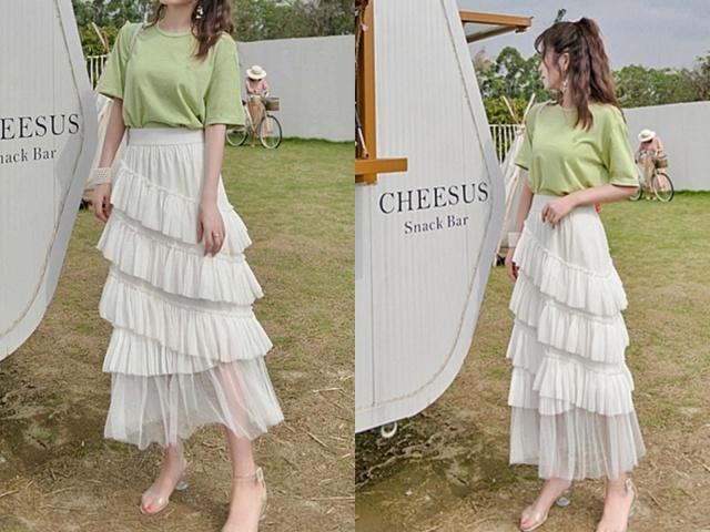 绿色T恤 网纱蛋糕裙